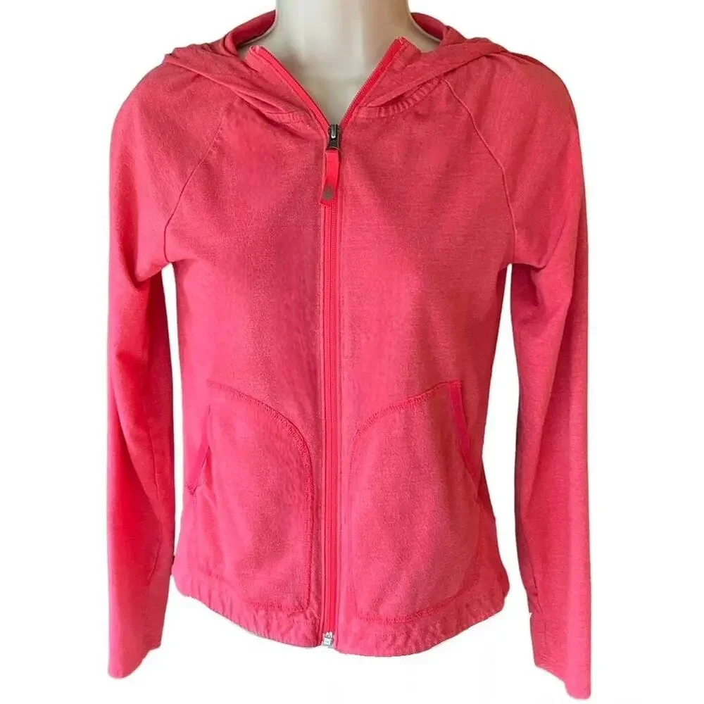 THE NORTH FACE Coral Pink Full Zip Up Hoodie Jacket Front Logo Girls LARGE 14/16